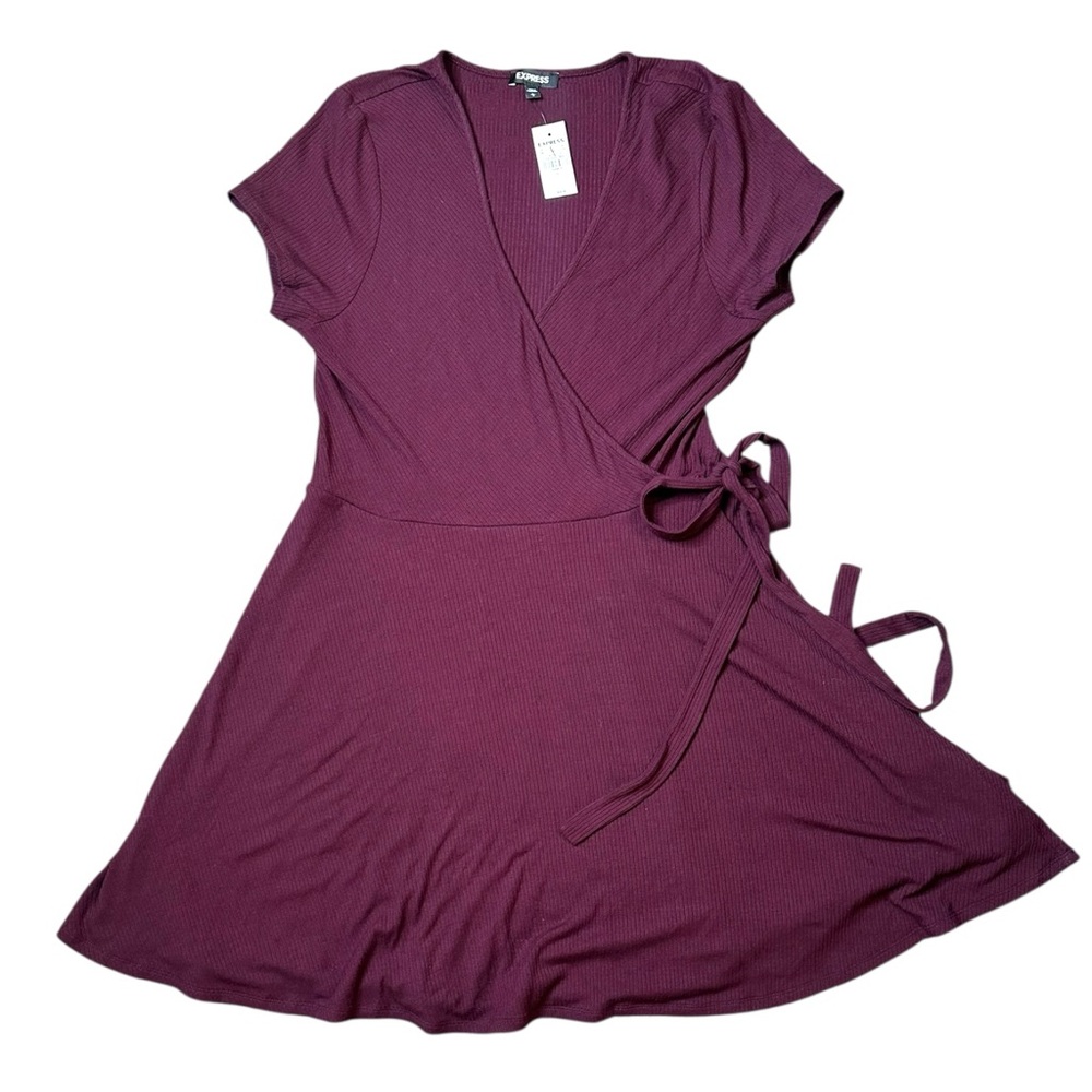 Express Plum Purple Ribbed Wrap Dress Short Sleeve Wrap Dress Mini Dress Size L